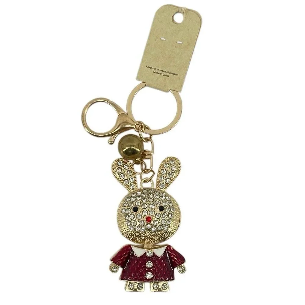 Rhinestone Bunny Rabbit Keychain Gold Red Dress Purse Charm Bag Charm